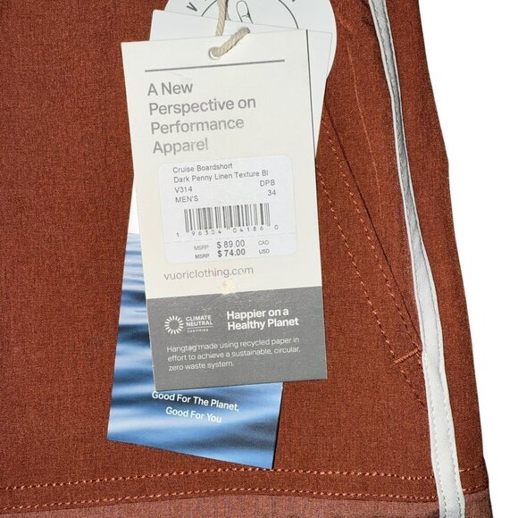 VUORI Cruise Boardshort Dark Penny Linen Texture Mens Size 34 - Picture 4 of 7